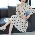 Dotted Collared Long Sleeve Pleated Dress