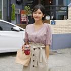 V-neck Short-sleeve Gingham-check Blouse