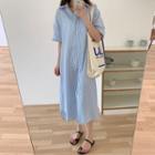 Elbow-sleeve Striped Shirt Dress Stripes - Blue & White - One Size