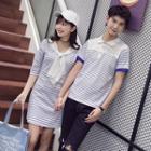 Couple Matching Striped Short Sleeve Polo T-shirt / Elbow Sleeve Dress