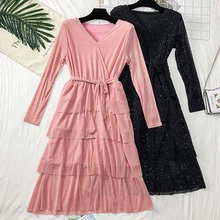 Layered Sequined A-line Dress With Sash