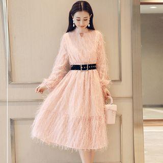 Long-sleeve Fringed Keyhole Midi A-line Dress