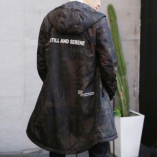 Lettering Camo Hooded Long Jacket
