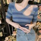 Short-sleeve Asymmetrical Striped Ribbed Knit Top