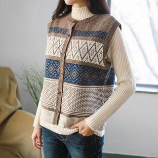 Buttoned Patterned Wool Blend Knit Vest