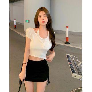 Short-sleeve Mock Two-piece Top / Drawstring Mini Pencil Skirt