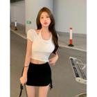 Short-sleeve Mock Two-piece Top / Drawstring Mini Pencil Skirt