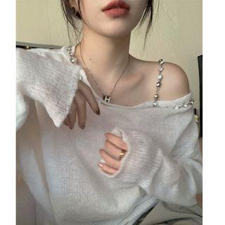 Long-sleeve Rhinestone Loose-fit Top White - One Size