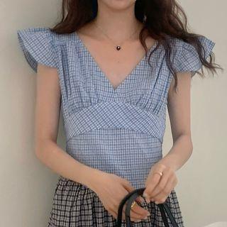Short-sleeve V-neck Plaid Color Panel Dress