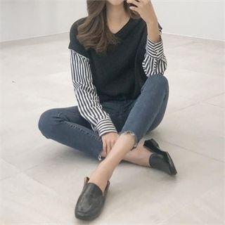 Striped-sleeve Layered Pullover