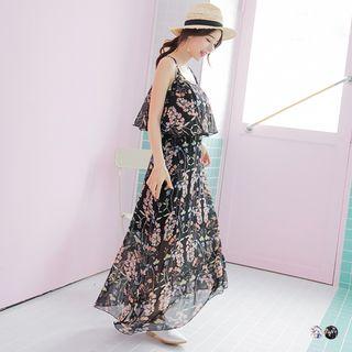 Floral Layered Chiffon Spaghetti Strap Maxi Dress