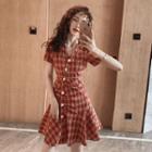 Plaid Short-sleeve V-neck Button Mini A-line Dress