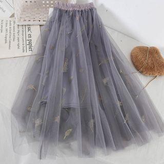 Midi Feather Embroidered Mesh A-line Skirt