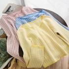 Long-sleeve Buttoned Checked Knit Top