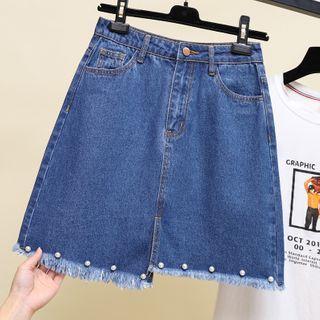 Faux Pearl Mini A-line Denim Skirt