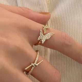 Butterfly Rhinestone Open Ring 1 Piece - Ring - 14k - Gold - One Size