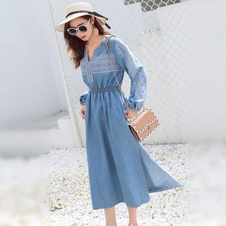 Long-sleeve Slit-side V-neck Dress