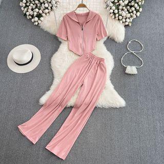 Set: Short Sleeve Zip Hoodie + Straight Leg Pants