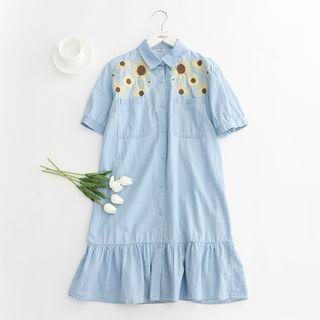Floral Embroidered Short-sleeve Shirt Dress