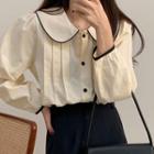 Long-sleeve Peter Pan Collar Contrast Trim Pleated Loose Fit Shirt