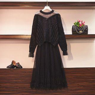 Long-sleeve Mesh Panel Top / High-waist Polka Dot Pleated Skirt