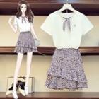 Set: Short-sleeve Tie-neck T-shirt + Floral Print A-line Skirt