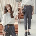 Set: Plain Side-slit Blouse + Pinstriped High-waist Cropped Pants
