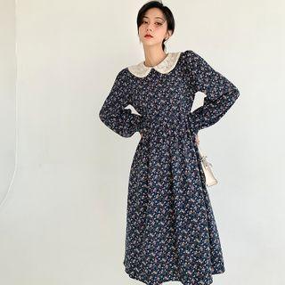Lace Floral A-line Dress Blue - One Size