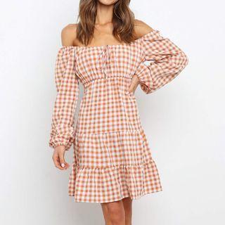 Long-sleeve Off-shoulder Gingham Check A-line Dress