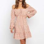 Long-sleeve Off-shoulder Gingham Check A-line Dress