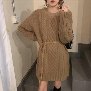 Plain Belted Cable Knit Sweater