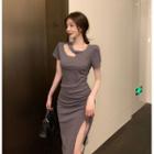 Cutout Drawstring Slit Midi Bodycon Dress Gray - One Size