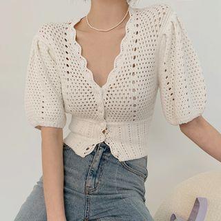 Puff Sleeve Eyelet Knit Cardigan