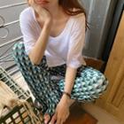 Elbow-sleeve Slit Hem T-shirt / Printed Wide-leg Pants