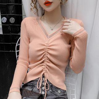 Drawstring Ruched Rib Knit Top