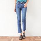 Heart-embroidered Washed Straight-cut Jeans