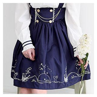 Embroidered Button-front Suspender Dress