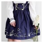 Embroidered Button-front Suspender Dress