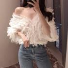 V-neck Elbow-sleeve Chiffon Blouse Beige Almond - One Size