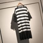 Elbow-sleeve Striped Midi Dress Black - One Size