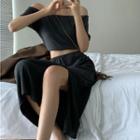 Off-shoulder Cropped Top / High-waist Side-slit Maxi Skirt