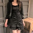Long-sleeve Crinkled Mini Dress Black - One Size