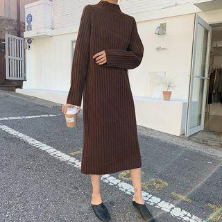 Mock-turtleneck Rib Knit Midi Dress