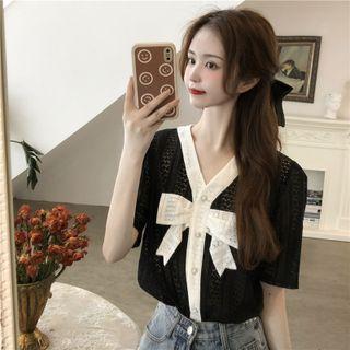 Short-sleeve Button-up Bow Top