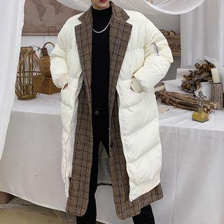 Mock Two-piece Plaid Padded Long Coat