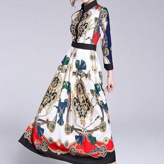 3/4-sleeve Printed Midi A-line Dress