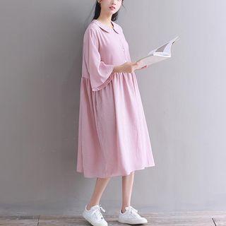 Striped 3/4-sleeve Collared A-line Dress