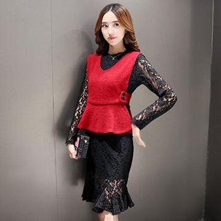 Set: Lace Long-sleeve Dress + V-neck Vest