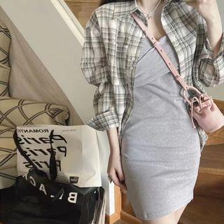 Spaghetti-strap Plain Mini Bodycon Dress / Plaid Shirt / Set