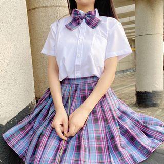 Plaid Pleated Mini A-line Skirt / Short-sleeve Shirt / Ribbon Bow Tie / Neck-tie